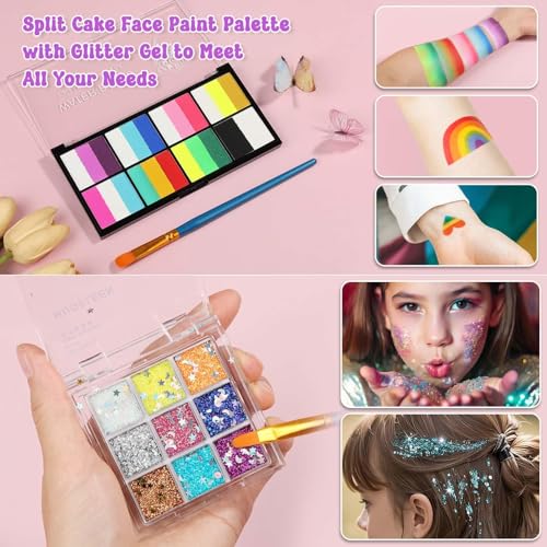 Kids Face Painting Kit with Organizer Box - Non-Toxic, Washable Party Makeup Set with Brushes, Gems & Stencils