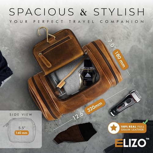 ELIZO Antique Extra Large Leather Toiletry Bag for Men Waterproof Hanging Dopp Kit Travel Organizer