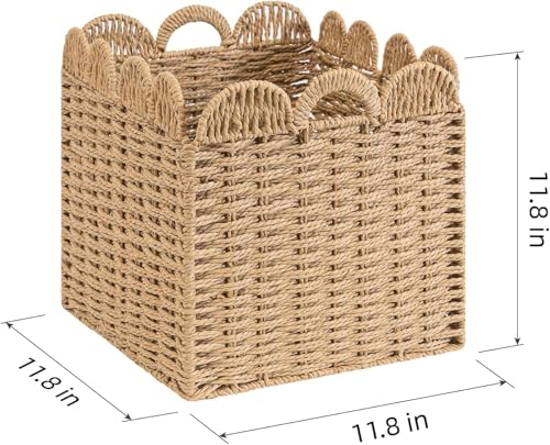 Set of 4 Scalloped Wicker Storage Cubes - 12x12x12 Inches, Khaki