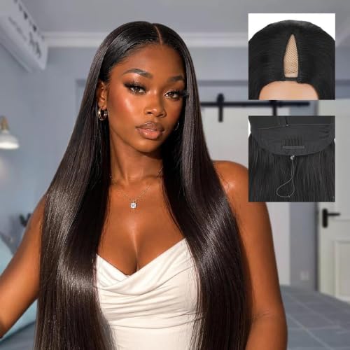 18 Inch V Part Human Hair Wig - Natural Black, Bone Straight, No Sew Glue-Free, Clip-In Half Wig for Black Women