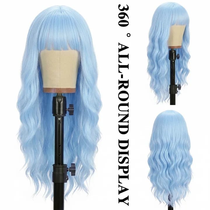 Blue Wigs for Women - 26 Inch Long Wavy Synthetic Wig with Bangs - Variation of Blue / 26 Inch
