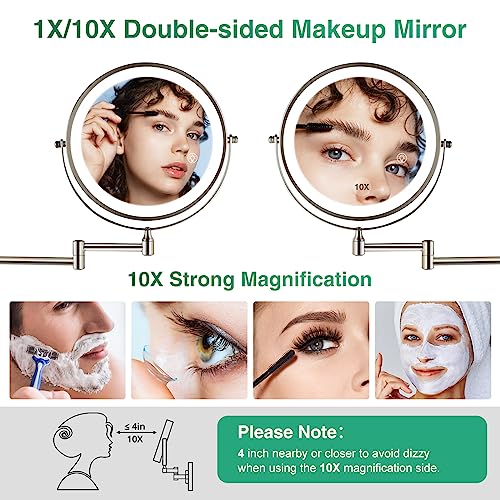 Rechargeable Wall Mounted Makeup Mirror Brushed Nickel, 8.5'' Magnifying Mirror with Lights Double-Sided 1X/10X 360¡Æ Rotation Extension Bathroom Shaving Mirror with Foldable Arm