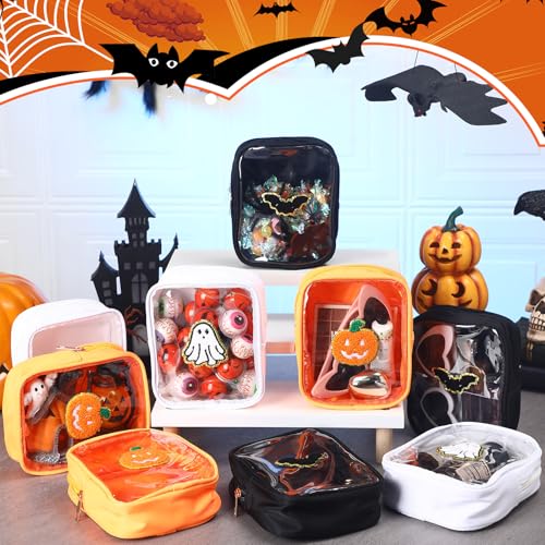 Sunnymove Organer Halloween Makeup Bag with Pumpkin Ghost Bat Chenille Patches, 9 Pack, Cute & Transparent