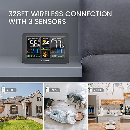 Newentor Weather Station: 3-Sensor Wireless Indoor/Outdoor Thermometer in Black (3 Sensor)