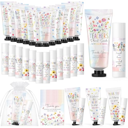 36 Sets Teacher Appreciation Gift Set with Hand Cream Lip Balm Watercolor Cards & Organza Bags - Back to School Gifts