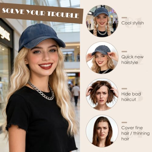 Blue Highlighted 6-Inch Distressed Baseball Cap Wig with Short Bob Hair for Women - Adjustable Vintage Hat Wig