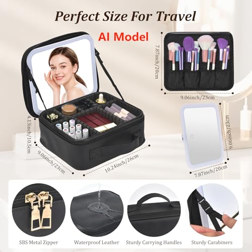 Yaliang Travel Makeup Bag with Lighted Mirror & 8 EVA Dividers, Black (Variation: Black-8 Dividers)