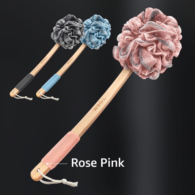 Toem Loofah Back Scrubber for Shower | Bamboo Charcoal Fiber Infused | Loufas for Men & Women | Includes 1 Long Handled Shower Sponge, 1 Bath & Shower Luffa Pouf & 1 Hook to Hang Stuff (Rose Pink)
