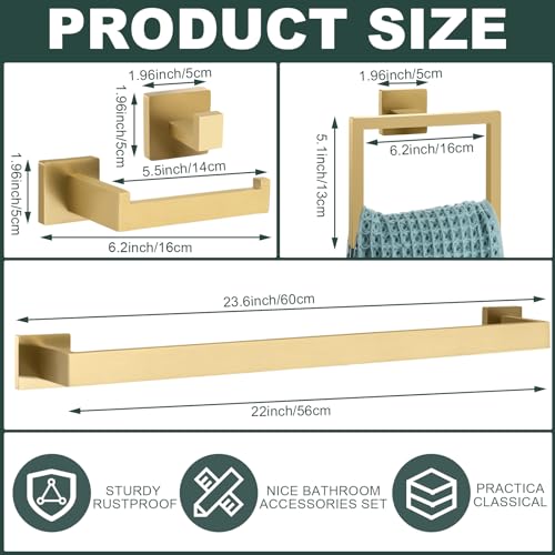 Gold Bathroom Hardware Accessories Set - 15 Pcs Wall Mount Towel Bar, Ring, Holder & Hooks - Modern Concealed Screw Design