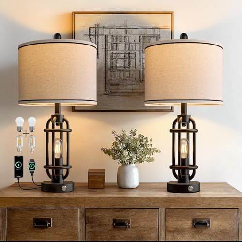 24-Inch Black Table Lamps Set of 2 with USB Ports - Industrial Vintage Nightstand Lights