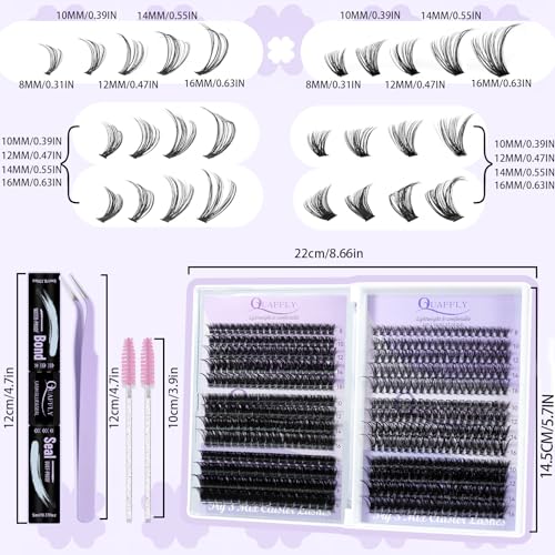 Lash Extension Kit 8-16mm D Curl 6 styles Individual Lashes Wispy False Eyelashes with Lash Bond&Seal Tweezer and Brush for Self Application at Home (6 styles lashes kit)