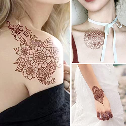 10 Pcs Henna Tattoo Kit Temporary Tattoo Adul Stickers Lace Pattern Fake Tattoos Henna Sticker for Women Girls DIY on Body Face Arms Legs Brown