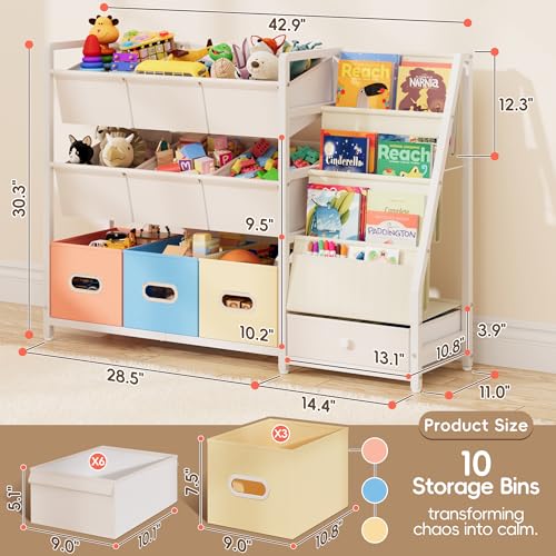 Kids Toy Storage Organizer with 10 Bins and 3 Shelves - Kids Bookcase