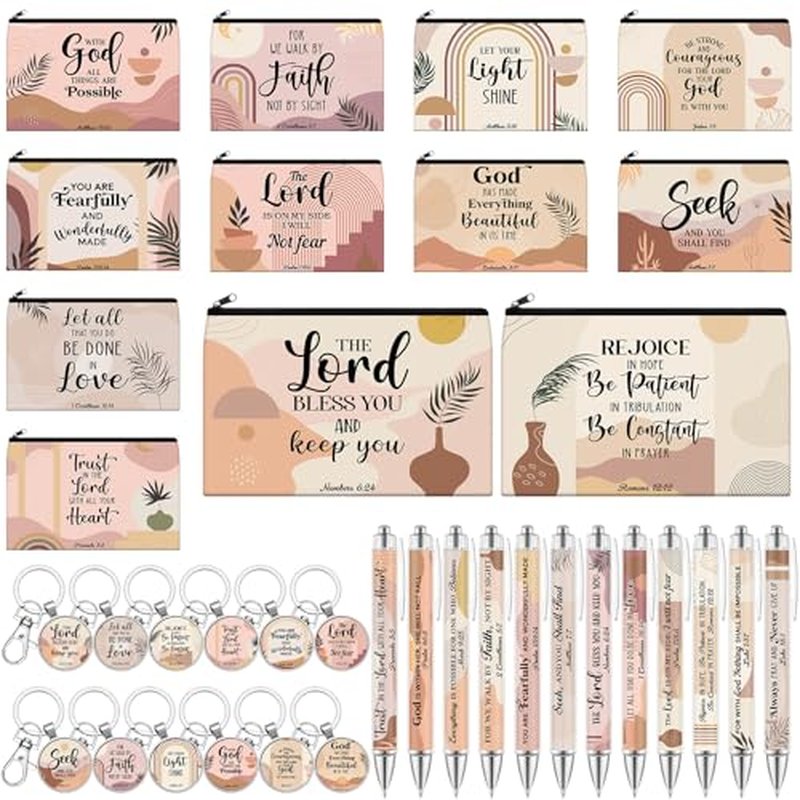 36 Pcs Christian Gifts for Women Bulk Christian Makeup Bags Religious Keychain Bible Verse Pens Inspirational Cosmetic Bag Pencil Pouch Boho Gifts for Christmas Church Charity Supplies