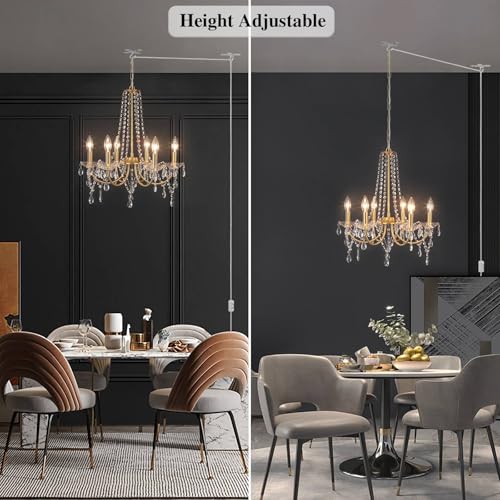 Plug-in Gold Crystal Chandelier with Long Cord - Modern Hanging Light Fixture
