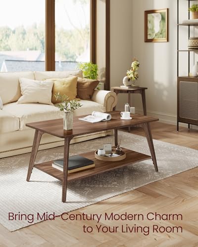VASAGLE 2-Tier Coffee Table with Storage - Tapered Legs, Chestnut Brown
