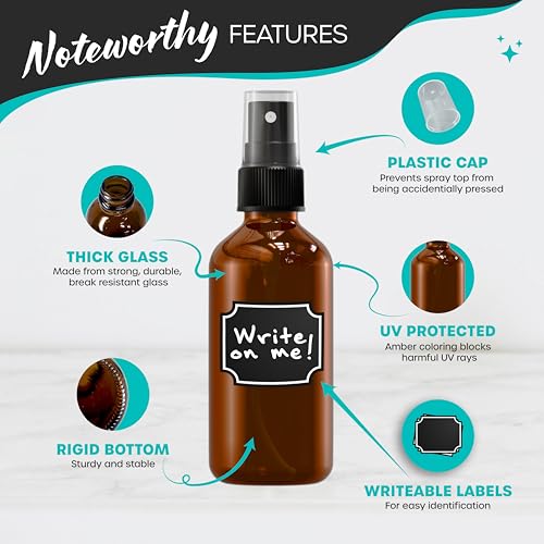 Nevlers 4 Oz Amber Glass Spray Bottles for Cleaning & Refreshment | 48 Pack Amber Glass Bottles | Mist Bottle Sprayer w/Shrink Wrap, Funnel, Brush, Marker & Labels | Small Spray Bottle for Hair & Face