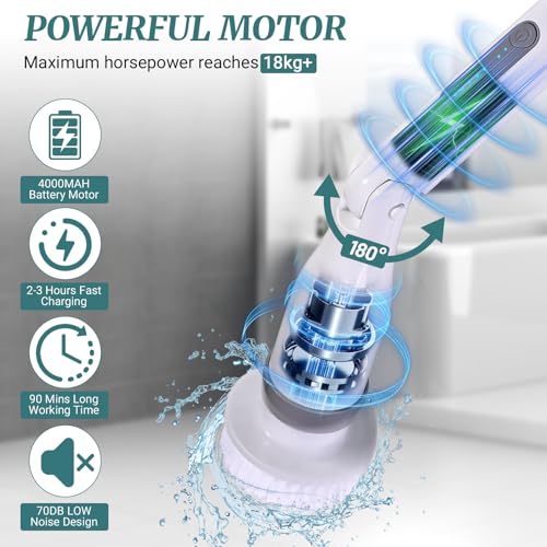 White Electric Spin Scrubber with 8 Brush Heads & Extendable Handle
