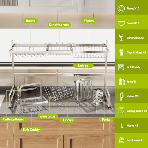 Over Sink Dish Drying Rack with Cup and Utensil Holder - Silver, 2 Tier, Adjustable Length