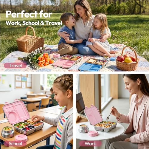 Pink Stainless Steel Bento Lunch Box with 8oz Insulated Food Jar & 3 Compartments
