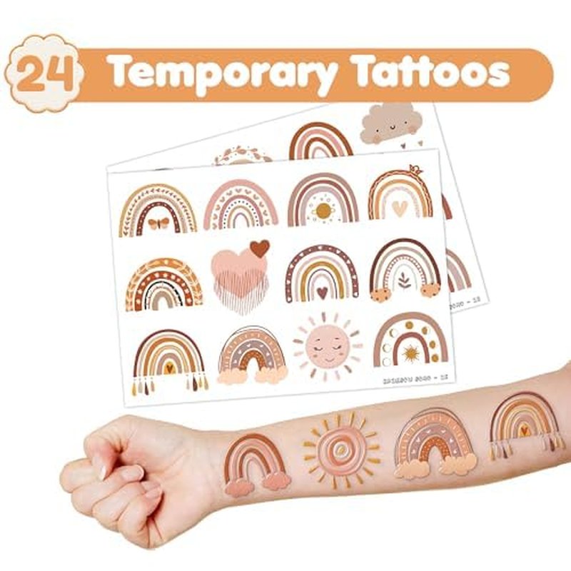 48PCS Boho Rainbow Party Set - 24PCS Temporary Tattoos & 24PCS Slap Bracelets - Fun Birthday Supplies, Baby Shower Gifts, Classroom Rewards & Boho-Themed Decor for Kids (Boys & Girls)