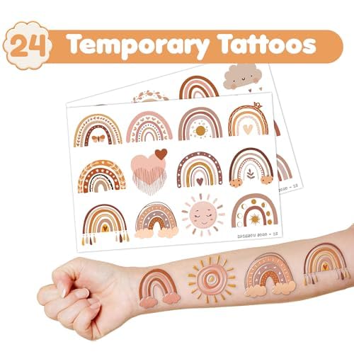 48PCS Boho Rainbow Party Set - 24PCS Temporary Tattoos & 24PCS Slap Bracelets - Fun Birthday Supplies, Baby Shower Gifts, Classroom Rewards & Boho-Themed Decor for Kids (Boys & Girls)