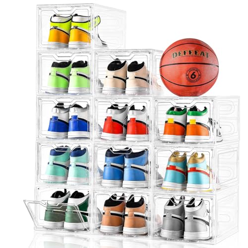 12 Pack Clear Shoe Storage Organizer with Magnetic Front Door - Size 12, Stackable Shoe Boxes