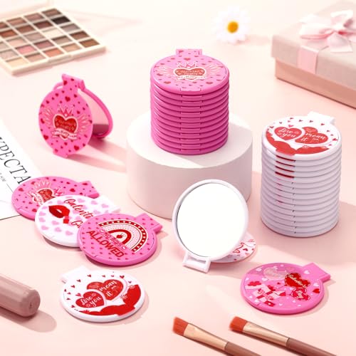 Namalu 36 Pcs Galentine's Day Pink Mini Compact Mirrors Gifts Bulk for Women Portable Round Pocket Makeup Mirror Gift for Xmas Purse Party Favors