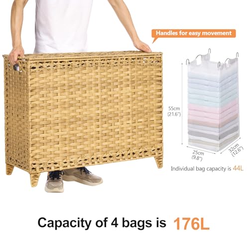 Laundry Hamper with 4 Removable Liner Bags - 176L Natural Rattan & Iron Frame - With Lid