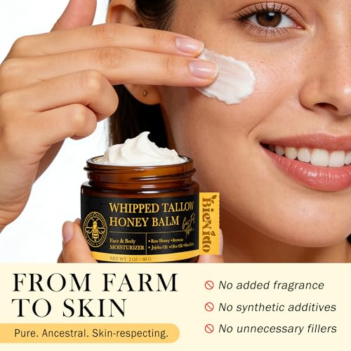 Organic Grass-Fed Tallow Balm for Face: Whipped Beef Tallow Cream with Raw Honey for Sensitive and Dry Skin, Natural Formula for Soothing & Deep Hydration