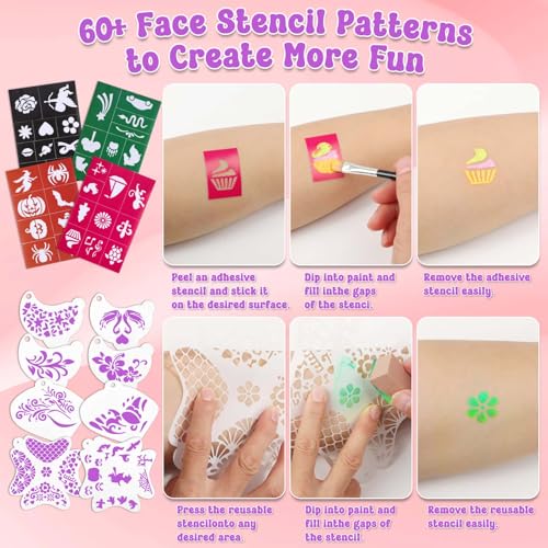 Kids Face Painting Kit with Organizer Box - Non-Toxic, Washable Party Makeup Set with Brushes, Gems & Stencils