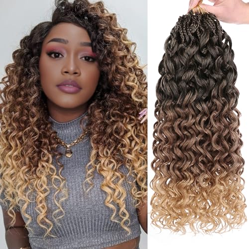 Leeven Gogo Curl Crochet Hair 18 Inch 8 Packs - Ombre Brown to Honey Blonde, Short Water Wave Synthetic Hair with Variation #1B/30/27