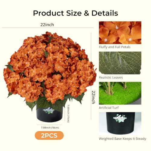 Artificial Hydrangea Flowers 22 Inch Tall with Pot for Outdoor Garden Decor - Orange, 2 Pack