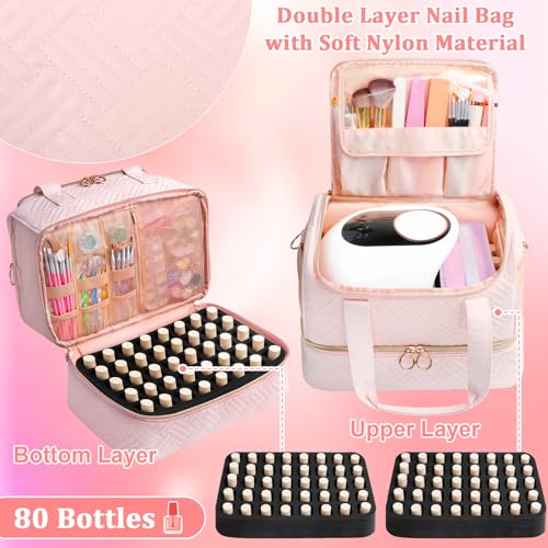 Nail Polish Organizer Bag Holds 80 Bottles (15ml/0.5fl.oz)& Nail Lamp, Soft Velvet Nail Kit Storage Carrying Case with Shoulder Strap, Double Layer Nail Supplies Organizer Handbag Women (Pink)