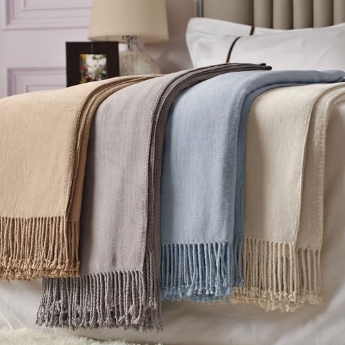 Silk Throw Blanket with Hand-Knotted Fringe - Natural Blue, 50 x 65 Inches