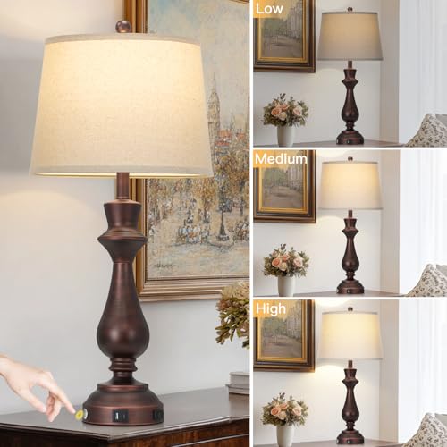 Vintage Brown Set of 2 Table Lamps with USB Charging & 3-Way Dimmable Touch for Bedroom & Living Room
