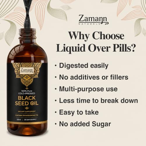 Zamann Naturals Black Seed Oil - 100% Pure Cold Pressed Nigella Sativa - 4.2oz for Immune, Skin, Hair & Joint Support