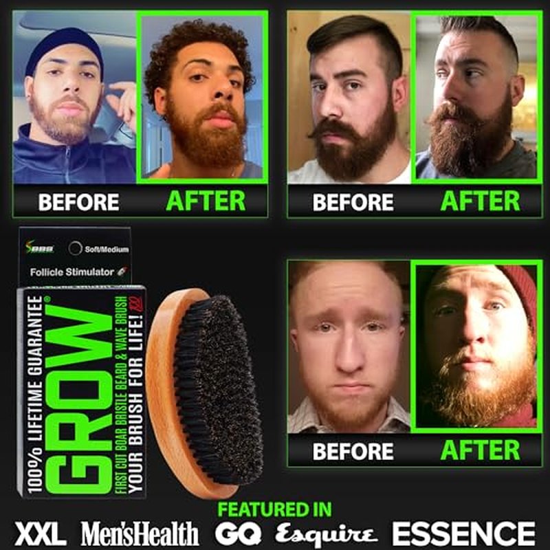 Beard Growth Kit w/ 100% Lifetime Replacement First Cut Boar Bristle Brush/Beard Brush for Men + 2X THICKENING Biotin Mustache Wax, Conditioner, and Softener - Formulated in America