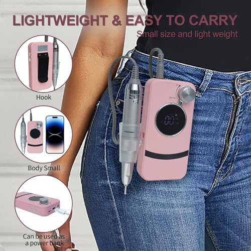 Electric Professional Nail Dril 35000RPM Pink Nail File for Acrylics Gel Nail Polish Remove Cordless Portable Rechargeable Nail Drill Kit for Home Salon Manicure Pedicure