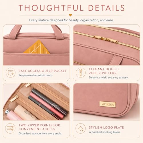 PACKZEN Large Travel Toiletry Bag for Women, Waterproof Vegan Leather, TSA Clear Pouch & Organizer