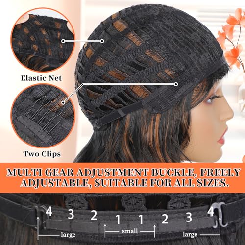XIXIBI Black Mixed Brown Short Wavy Bob Wig with Bangs for Women
