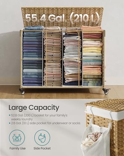 SONGMICS 210L Natural Synthetic Rattan Rolling Laundry Hamper with Lid & Removable Liners