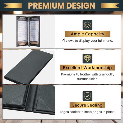 12 Pack 4 View Menu Holder Covers - Black Leather Restaurant Menu Sleeves