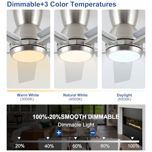 52-Inch Brushed Nickel Flush Mount Ceiling Fan with Remote & Light - Reversible Blades
