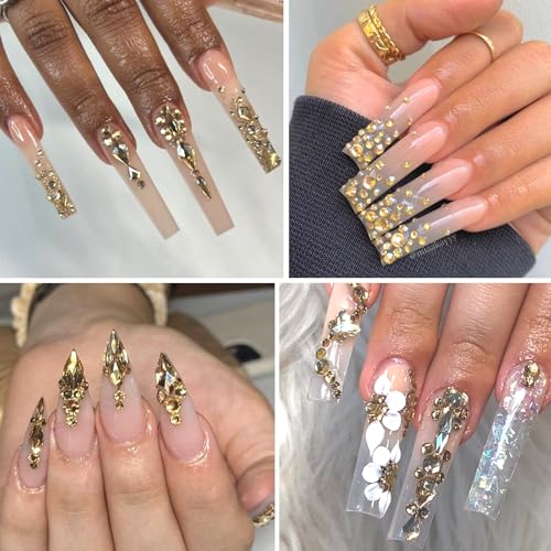 HNUIX Champagne Gold Nail Rhinestones Kit - 3D Multi-Shape Gems for Manicure & Nail Art