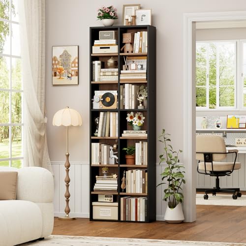 FOTOSOK 7-Tier Narrow Bookshelf Tall Media Tower in Black/Brown, Space-Saving Storage