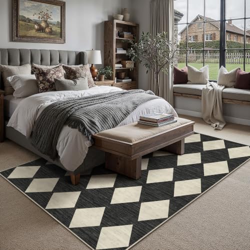 Black 6x9 Checkered Washable Area Rug - Non-Slip Living Room Carpet