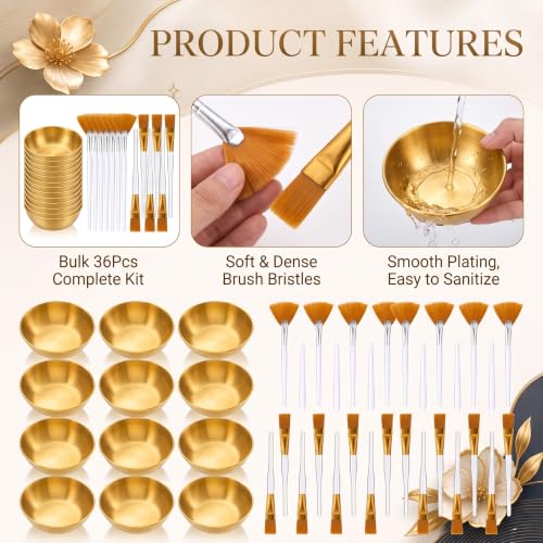 Teenyyou Gold Facial Bowls and Brushes Set - Esthetician & DIY Face Mask Kit - Golden