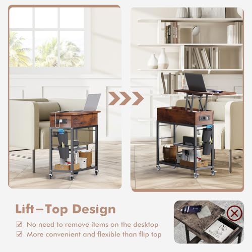 Rustic Brown Lift Top End Table with Charging Station & Wheels