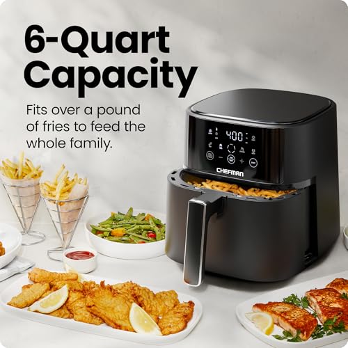 Chefman 6 Qt Air Fryer – Compact, Hi-Fry Tech, 4 Presets, Nonstick Basket, Black (No Window)